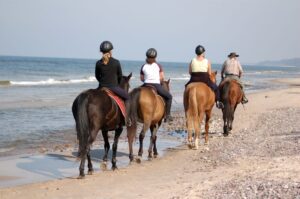 four people riding horses